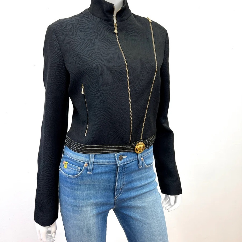 VERSACE 80’s Moto Zip Up Jacket Navy Blue w Gold Medusa Size M / 42  Vintage